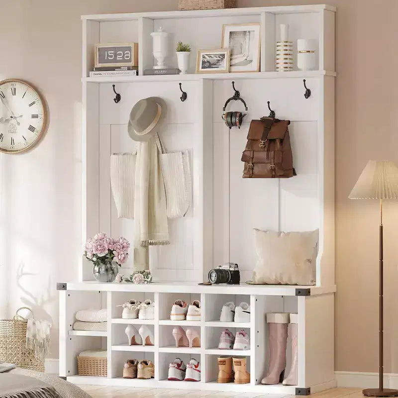 Albero d'ingresso in stile rustico da 76" con panca, scarpiera, appendiabiti e 6 ganci, ripiano regolabile