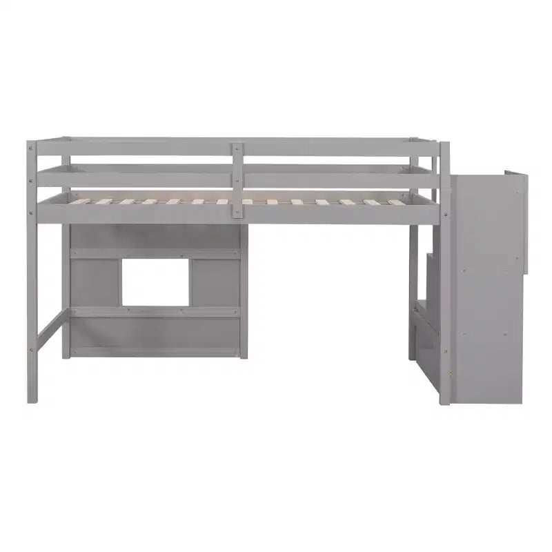 Letto a soppalco basso una piazza e mezza con scaletta contenitore e finestra, Struttura in legno per letto a soppalco con spazio sottostante per bambini e ragazzi