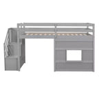Letto a soppalco basso una piazza e mezza con scaletta contenitore e finestra, Struttura in legno per letto a soppalco con spazio sottostante per bambini e ragazzi