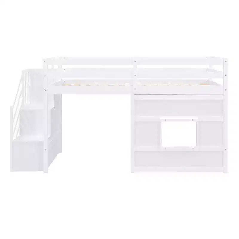 Letto a soppalco basso una piazza e mezza con scaletta contenitore e finestra, Struttura in legno per letto a soppalco con spazio sottostante per bambini e ragazzi