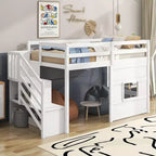 Letto a soppalco basso una piazza e mezza con scaletta contenitore e finestra, Struttura in legno per letto a soppalco con spazio sottostante per bambini e ragazzi