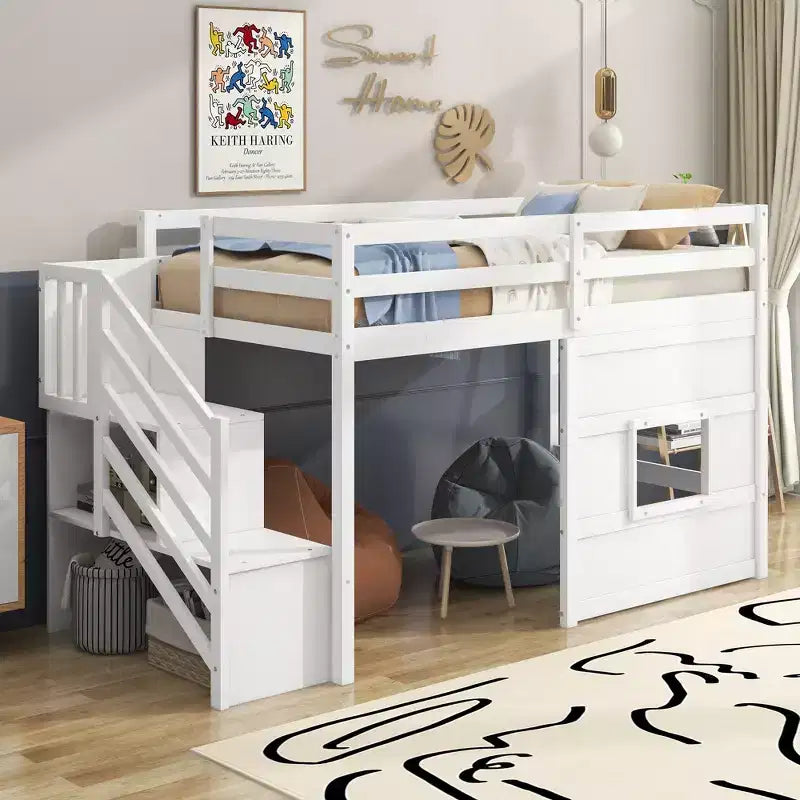 Letto a soppalco basso una piazza e mezza con scaletta contenitore e finestra, Struttura in legno per letto a soppalco con spazio sottostante per bambini e ragazzi