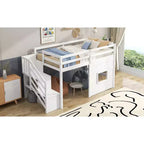 Letto a soppalco basso una piazza e mezza con scaletta contenitore e finestra, Struttura in legno per letto a soppalco con spazio sottostante per bambini e ragazzi