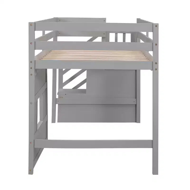 Letto a soppalco basso una piazza e mezza con scaletta contenitore e finestra, Struttura in legno per letto a soppalco con spazio sottostante per bambini e ragazzi