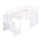 Letto a soppalco basso una piazza e mezza con scaletta contenitore e finestra, Struttura in legno per letto a soppalco con spazio sottostante per bambini e ragazzi