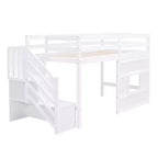 Letto a soppalco basso una piazza e mezza con scaletta contenitore e finestra, Struttura in legno per letto a soppalco con spazio sottostante per bambini e ragazzi