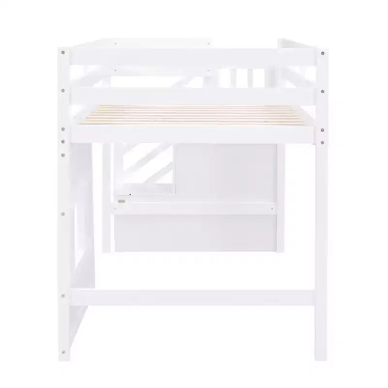 Letto a soppalco basso una piazza e mezza con scaletta contenitore e finestra, Struttura in legno per letto a soppalco con spazio sottostante per bambini e ragazzi