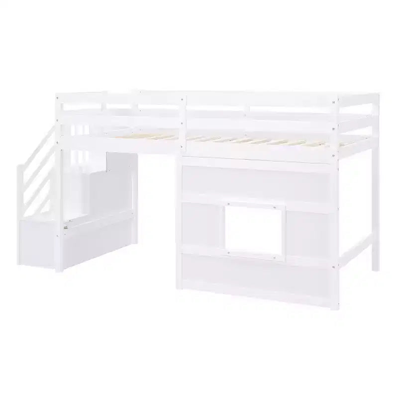 Letto a soppalco basso una piazza e mezza con scaletta contenitore e finestra, Struttura in legno per letto a soppalco con spazio sottostante per bambini e ragazzi