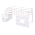 Letto a soppalco basso una piazza e mezza con scaletta contenitore e finestra, Struttura in legno per letto a soppalco con spazio sottostante per bambini e ragazzi