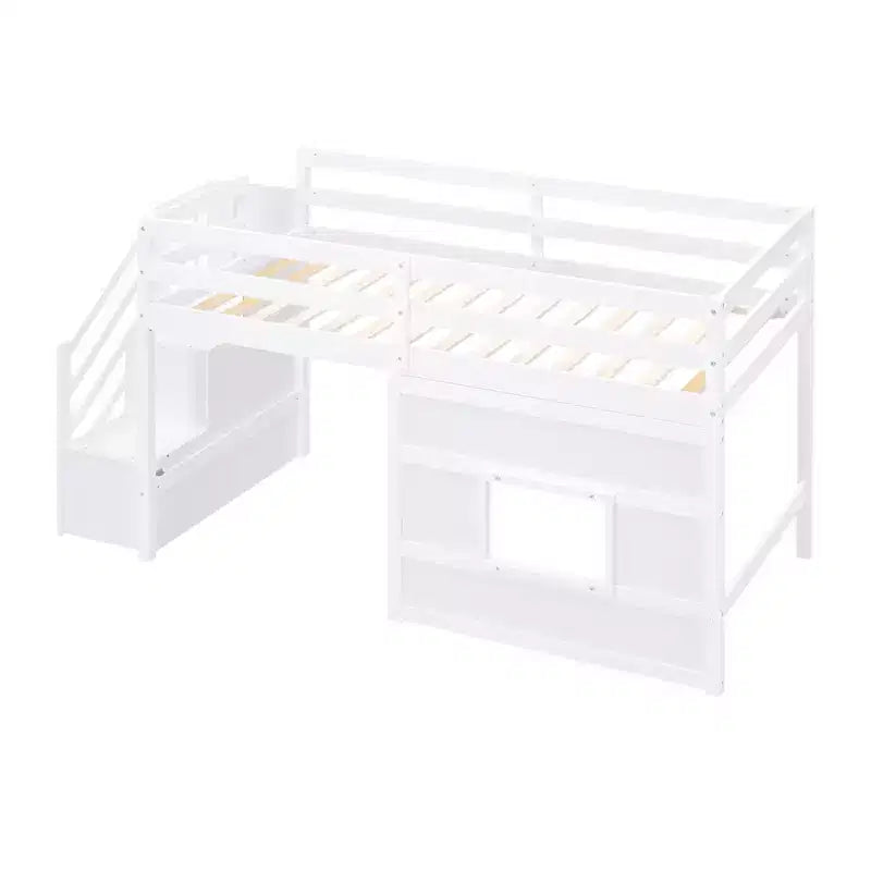 Letto a soppalco basso una piazza e mezza con scaletta contenitore e finestra, Struttura in legno per letto a soppalco con spazio sottostante per bambini e ragazzi