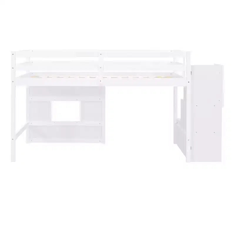 Letto a soppalco basso una piazza e mezza con scaletta contenitore e finestra, Struttura in legno per letto a soppalco con spazio sottostante per bambini e ragazzi