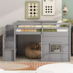 Letto a soppalco basso una piazza e mezza con scaletta contenitore e finestra, Struttura in legno per letto a soppalco con spazio sottostante per bambini e ragazzi
