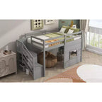 Letto a soppalco basso una piazza e mezza con scaletta contenitore e finestra, Struttura in legno per letto a soppalco con spazio sottostante per bambini e ragazzi