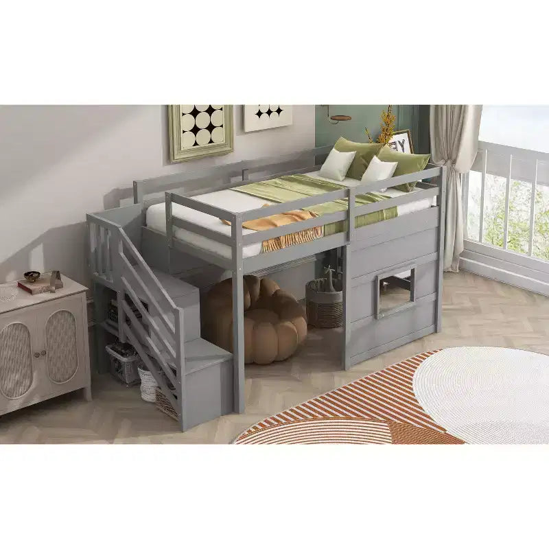 Letto a soppalco basso una piazza e mezza con scaletta contenitore e finestra, Struttura in legno per letto a soppalco con spazio sottostante per bambini e ragazzi