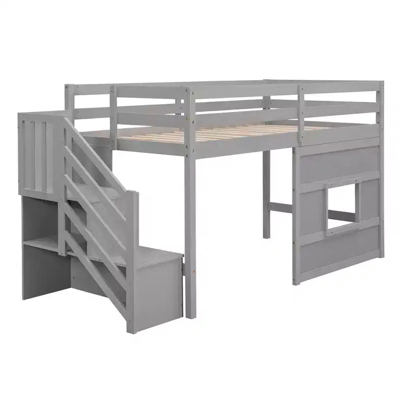 Letto a soppalco basso una piazza e mezza con scaletta contenitore e finestra, Struttura in legno per letto a soppalco con spazio sottostante per bambini e ragazzi