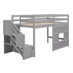Letto a soppalco basso una piazza e mezza con scaletta contenitore e finestra, Struttura in legno per letto a soppalco con spazio sottostante per bambini e ragazzi