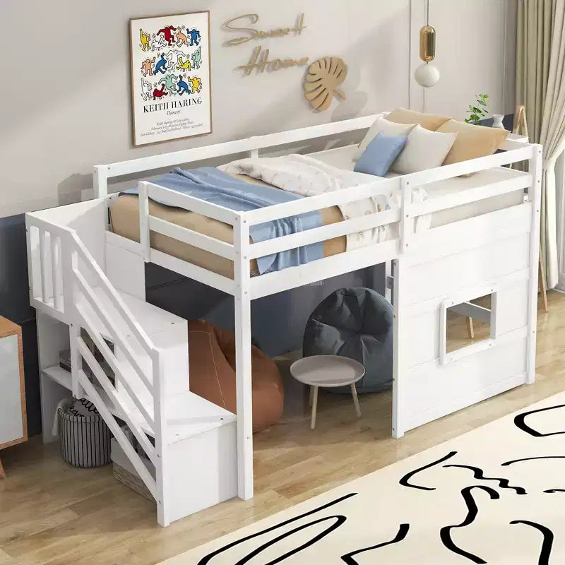 Letto a soppalco basso una piazza e mezza con scaletta contenitore e finestra, Struttura in legno per letto a soppalco con spazio sottostante per bambini e ragazzi