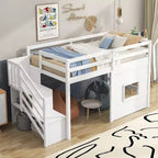 Letto a soppalco basso una piazza e mezza con scaletta contenitore e finestra, Struttura in legno per letto a soppalco con spazio sottostante per bambini e ragazzi