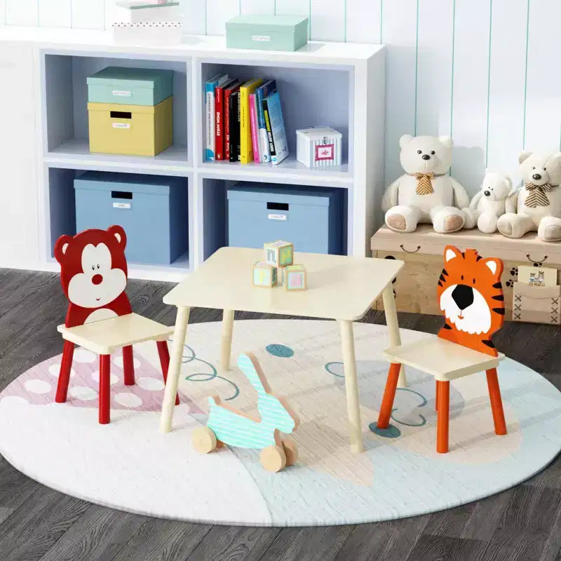Set Tavolo e 2 Sedie per Bambini, Set Tavolo e Sedie per Bambini di 3 Pezzi, Set Tavolo da Gioco in Legno (Orso&Tigre)