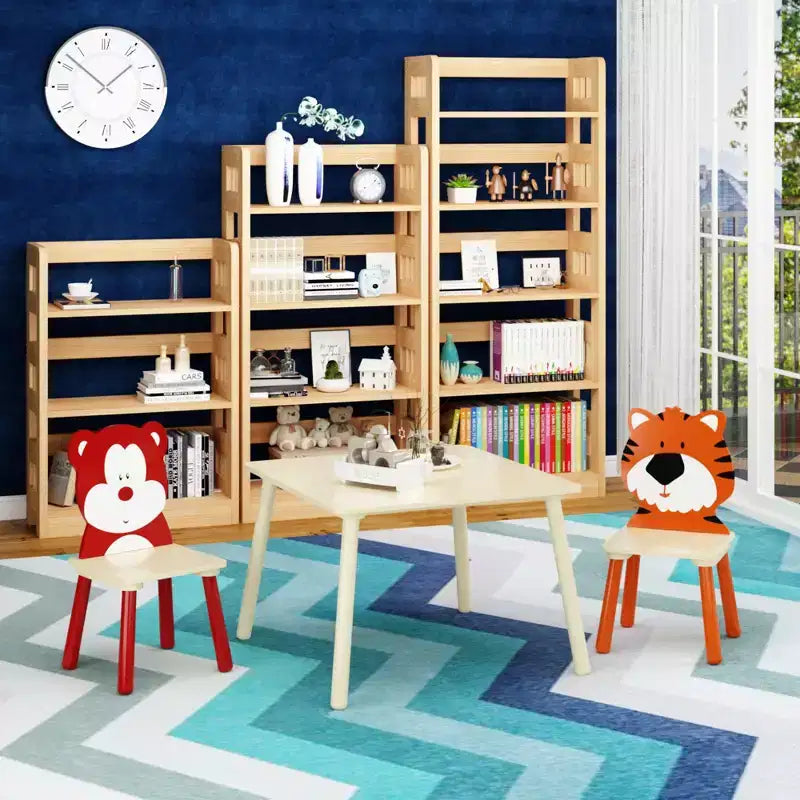 Set Tavolo e 2 Sedie per Bambini, Set Tavolo e Sedie per Bambini di 3 Pezzi, Set Tavolo da Gioco in Legno (Orso&Tigre)