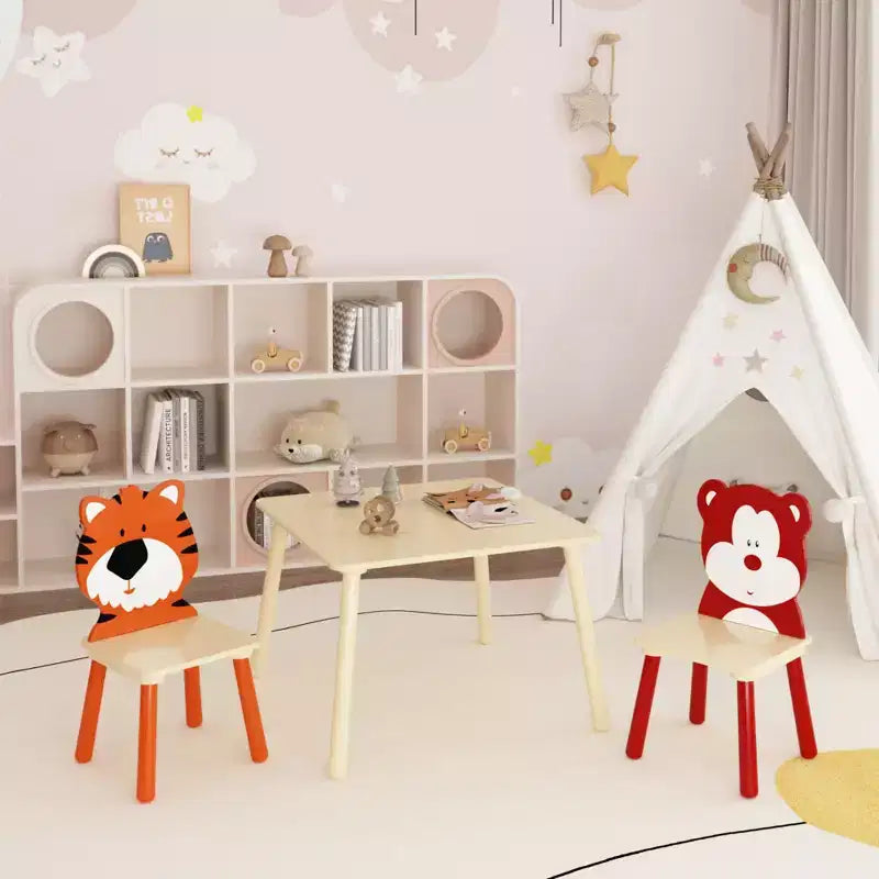 Set Tavolo e 2 Sedie per Bambini, Set Tavolo e Sedie per Bambini di 3 Pezzi, Set Tavolo da Gioco in Legno (Orso&Tigre)