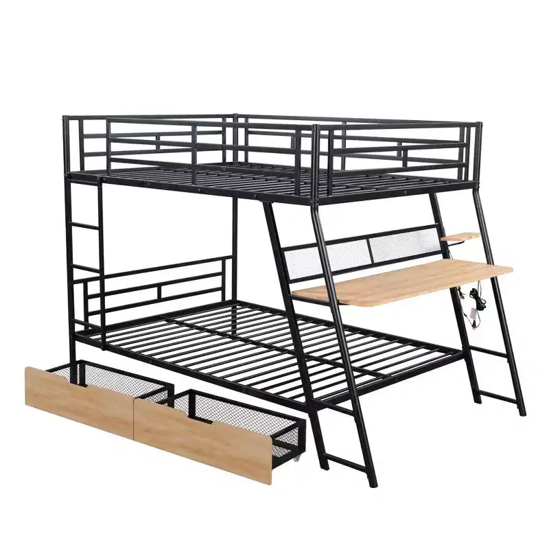 Letto a castello in metallo a una piazza e mezza con scrivania, letto a castello in metallo resistente a una piazza e mezza con luce e 2 cassetti, nero