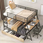 Letto a castello in metallo a una piazza e mezza con scrivania, letto a castello in metallo resistente a una piazza e mezza con luce e 2 cassetti, nero