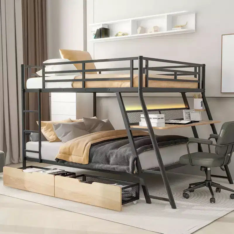 Letto a castello in metallo a una piazza e mezza con scrivania, letto a castello in metallo resistente a una piazza e mezza con luce e 2 cassetti, nero