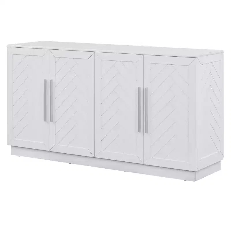 Madia Credenza da 152 cm con 4 Ante, Ripiani Regolabili e Maniglie Argento, Bianca