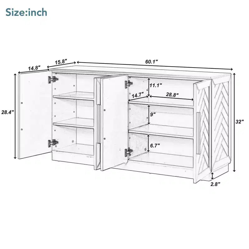 Madia Credenza da 152 cm con 4 Ante, Ripiani Regolabili e Maniglie Argento, Bianca