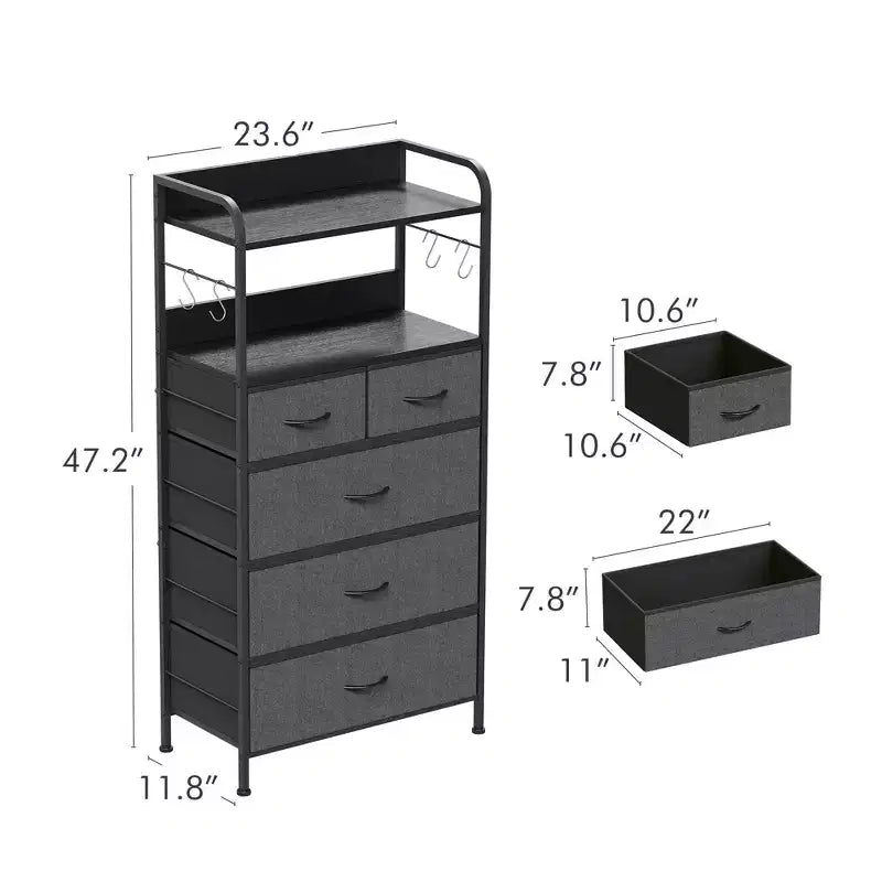 Cassettiera Alta a 5 Cassetti con Scaffali Aperti a 2 Livelli e Appendiabiti, Design Salvaspazio