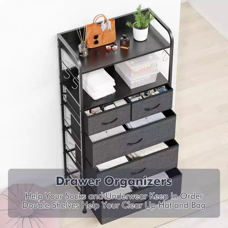 Cassettiera Alta a 5 Cassetti con Scaffali Aperti a 2 Livelli e Appendiabiti, Design Salvaspazio