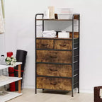 Cassettiera Alta a 5 Cassetti con Scaffali Aperti a 2 Livelli e Appendiabiti, Design Salvaspazio