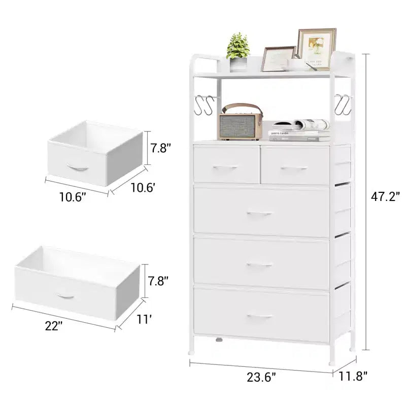 Cassettiera Alta a 5 Cassetti con Scaffali Aperti a 2 Livelli e Appendiabiti, Design Salvaspazio
