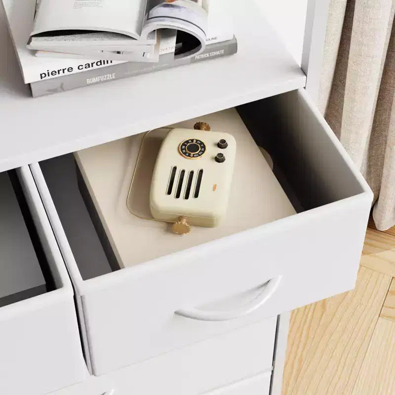 Cassettiera Alta a 5 Cassetti con Scaffali Aperti a 2 Livelli e Appendiabiti, Design Salvaspazio