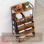 Cassettiera Alta a 5 Cassetti con Scaffali Aperti a 2 Livelli e Appendiabiti, Design Salvaspazio