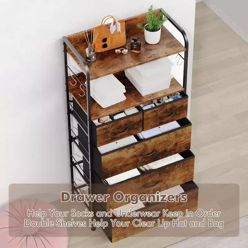 Cassettiera Alta a 5 Cassetti con Scaffali Aperti a 2 Livelli e Appendiabiti, Design Salvaspazio