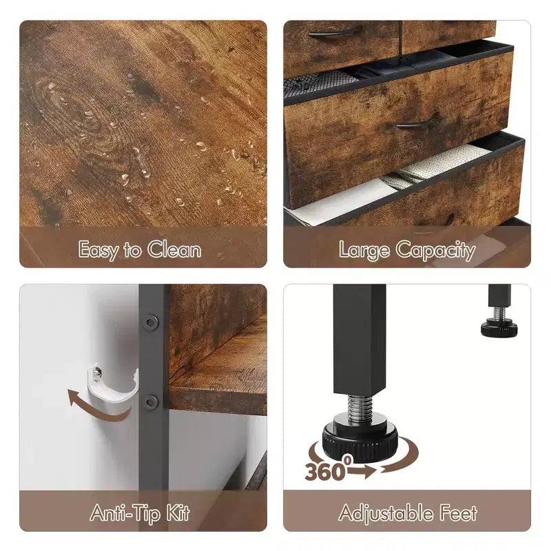 Cassettiera Alta a 5 Cassetti con Scaffali Aperti a 2 Livelli e Appendiabiti, Design Salvaspazio