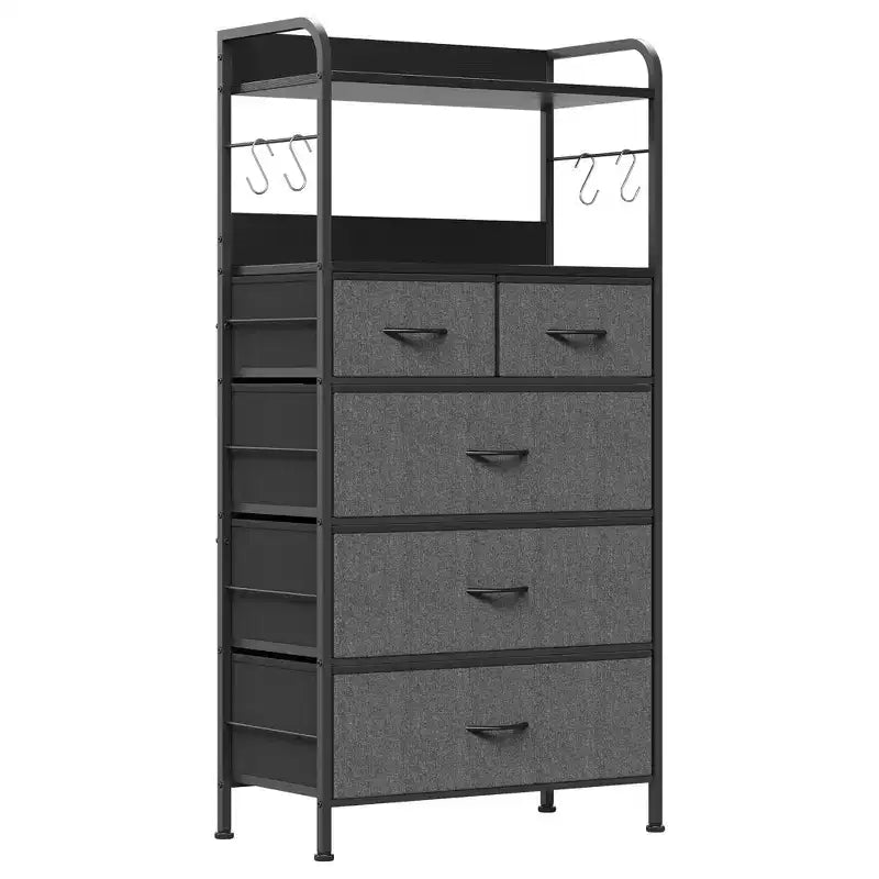 Cassettiera Alta a 5 Cassetti con Scaffali Aperti a 2 Livelli e Appendiabiti, Design Salvaspazio