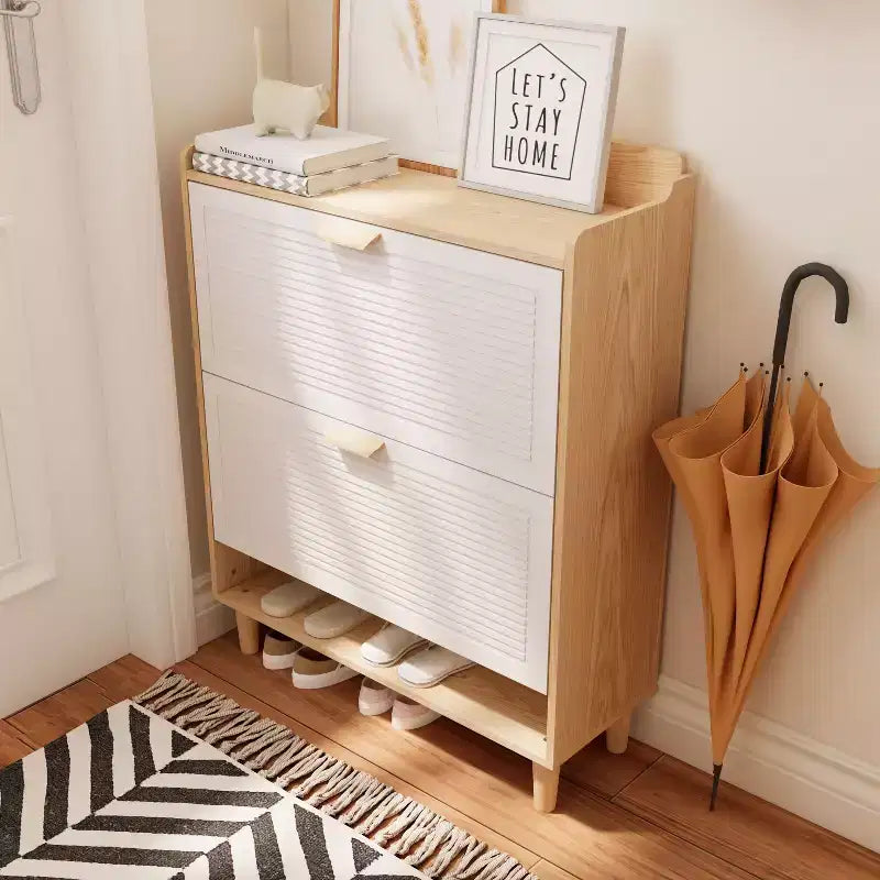 Scarpiera sottile con 2 cassetti a ribalta e gambe in legno naturale, Organizer da ingresso