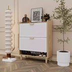 Scarpiera sottile con 2 cassetti a ribalta e gambe in legno naturale, Organizer da ingresso