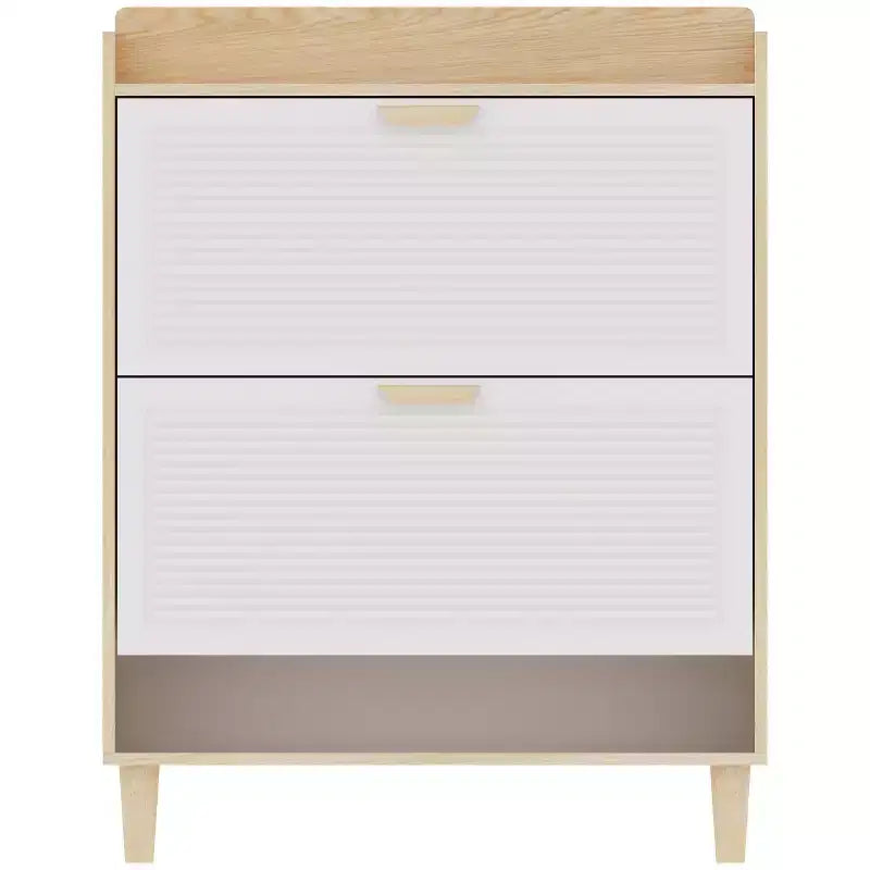 Scarpiera sottile con 2 cassetti a ribalta e gambe in legno naturale, Organizer da ingresso