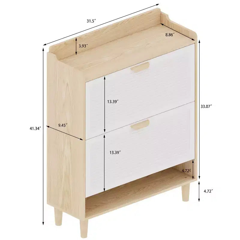 Scarpiera sottile con 2 cassetti a ribalta e gambe in legno naturale, Organizer da ingresso