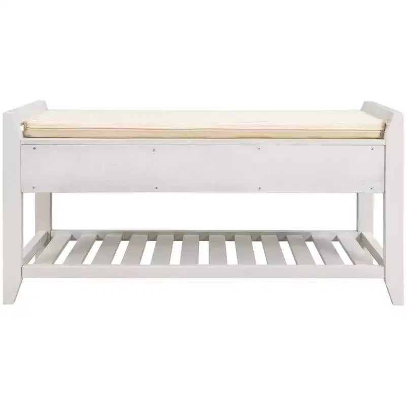 Panca contenitore da ingresso 99 cm con 2 cassetti, scarpiera aperta e sedile imbottito, legno di pino