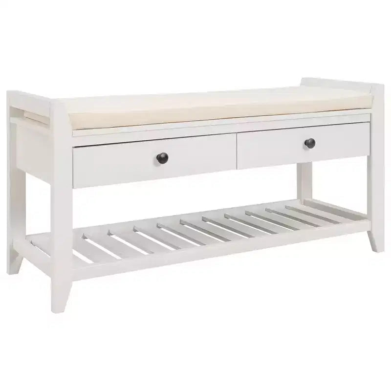 Panca contenitore da ingresso 99 cm con 2 cassetti, scarpiera aperta e sedile imbottito, legno di pino