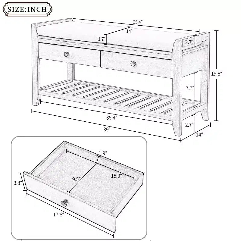 Panca contenitore da ingresso 99 cm con 2 cassetti, scarpiera aperta e sedile imbottito, legno di pino