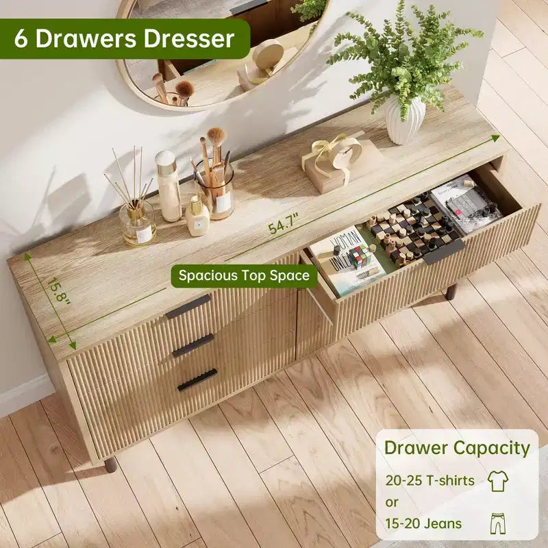 Cassettiera a 6 cassetti scanalati con maniglie e gambe in metallo, utilizzabile anche come porta TV, legno ingegnerizzato – Nero o Quercia Naturale