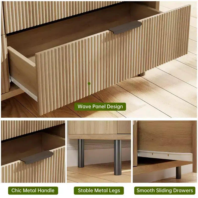 Cassettiera a 6 cassetti scanalati con maniglie e gambe in metallo, utilizzabile anche come porta TV, legno ingegnerizzato – Nero o Quercia Naturale