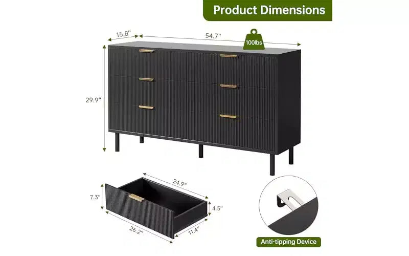 Cassettiera a 6 cassetti scanalati con maniglie e gambe in metallo, utilizzabile anche come porta TV, legno ingegnerizzato – Nero o Quercia Naturale
