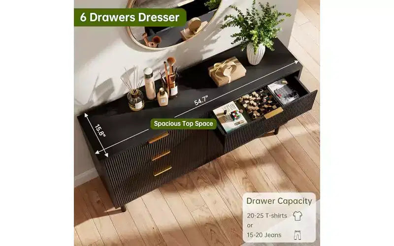 Cassettiera a 6 cassetti scanalati con maniglie e gambe in metallo, utilizzabile anche come porta TV, legno ingegnerizzato – Nero o Quercia Naturale